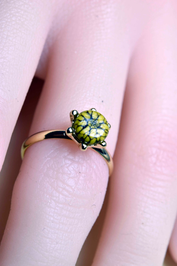 黄色い菊のガラスの指輪　ハンドメイド　リング　（10533-G1） ガラス工芸家の創作した一点物のガラスのアクセサリー。 5枚目の画像