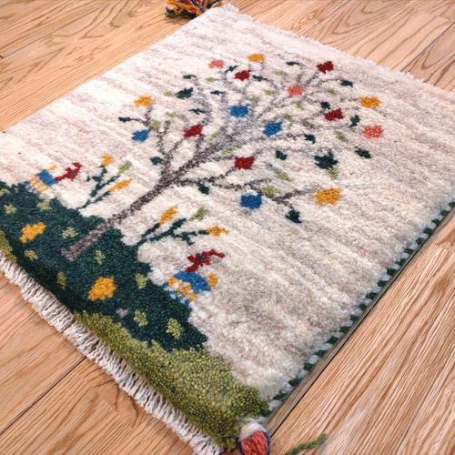 ペルシャ ギャッベ ミニマット 38×39 アイボリー ザクロの木