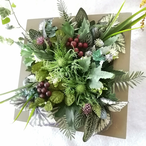 正方形】大型の壁掛けフェイクグリーン(2つセット) 造花 人工観葉植物