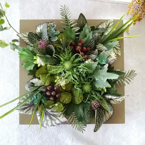 正方形】大型の壁掛けフェイクグリーン(2つセット) 造花 人工観葉植物