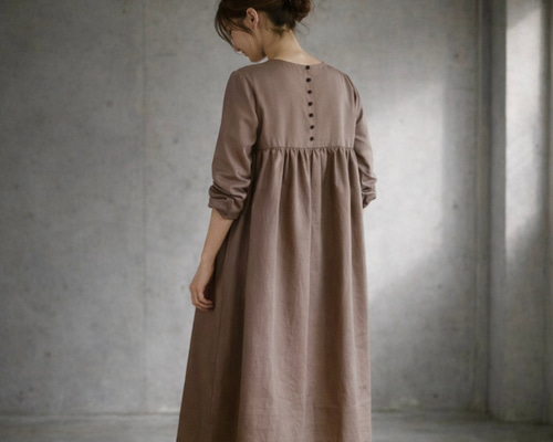 ギャザー襟付き後ろボタンコットンリネンギャザーワンピース ギャザー襟付き後ろボタンコットンリネンギャザーワンピース