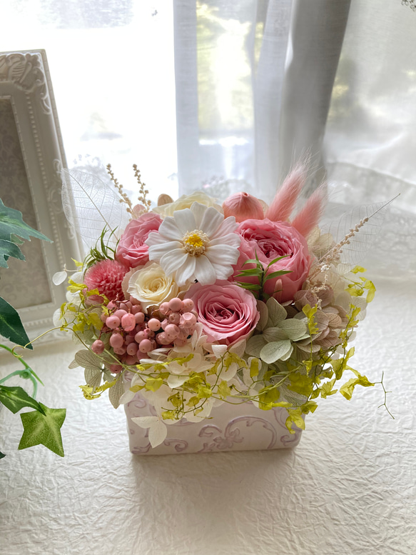 ジニアさくら薔薇プリザーブドフラワー ピンク系プチアレンジ 結婚新築開店還暦祝 誕生日プレゼント インテリア敬老の日 10枚目の画像