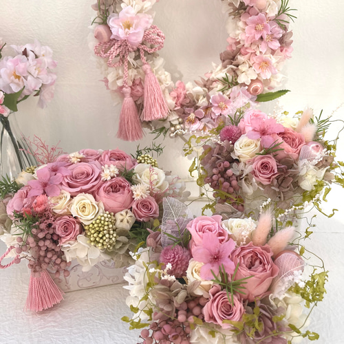 ジニアさくら薔薇プリザーブドフラワー ピンク系プチアレンジ