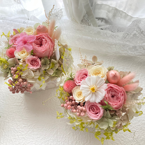 ジニアさくら薔薇プリザーブドフラワー ピンク系プチアレンジ