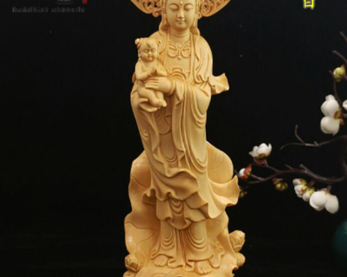 木彫り 仏像 送子観音菩薩立像 彫刻 仏教工芸品 天然木檜材 C