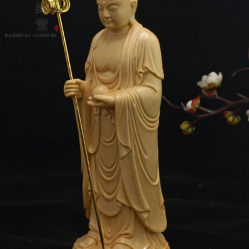 木彫り 仏像 地蔵菩薩立像 彫刻 一刀彫 天然木檜材 仏教美術 C 彫刻 木