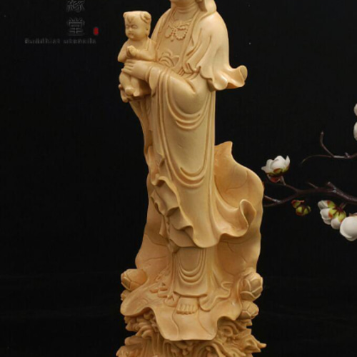 木彫り 仏像 送子観音菩薩立像 彫刻 仏教工芸品 天然木檜材 C 彫刻 木