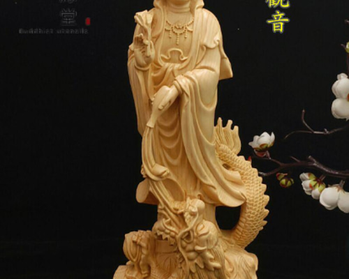極上品 木彫り 仏像 御龍観音菩薩立像 柘植材 仏教工芸 精密彫刻 C