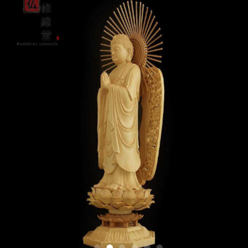 木彫り 仏像 釈迦如来立像 釈迦牟尼仏 彫刻 仏教工芸品 柘植材 C