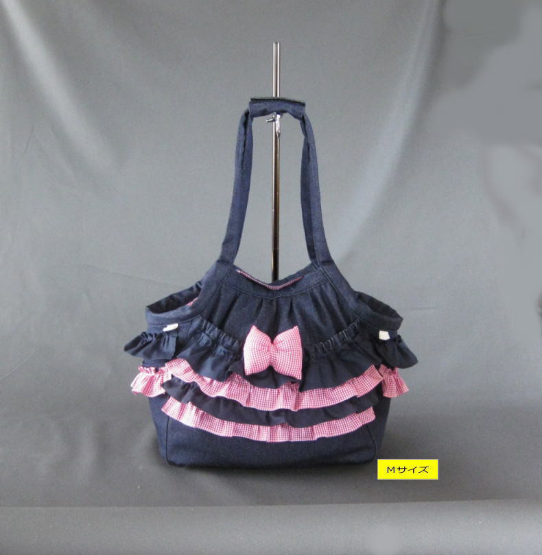受注制作　Ｍサイズ　小型犬用　デニム　フリル　ショルダータイプ　キャリーバッグ