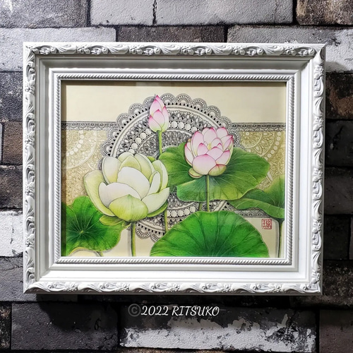 原画 1点もの 肉筆 蓮 額装付き 蓮の絵 ボールペン画 日本人作家 