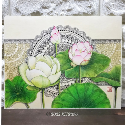 原画 1点もの 肉筆 蓮 額装付き 蓮の絵 ボールペン画 日本人作家 