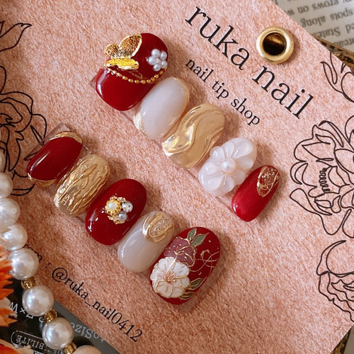 サイズオーダー】 ネイルチップ 成人式 結婚式 振袖 袴 赤 バタフライ  