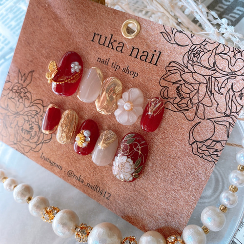 サイズオーダー】 ネイルチップ 成人式 結婚式 振袖 袴 赤 バタフライ