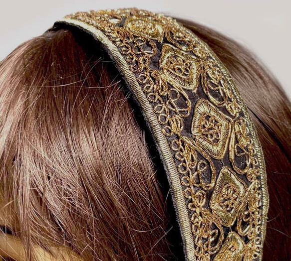 無痛頭帶繡花緞帶髮飾簡易寬奢華 UHR-284 鑽石圖案 第4張的照片