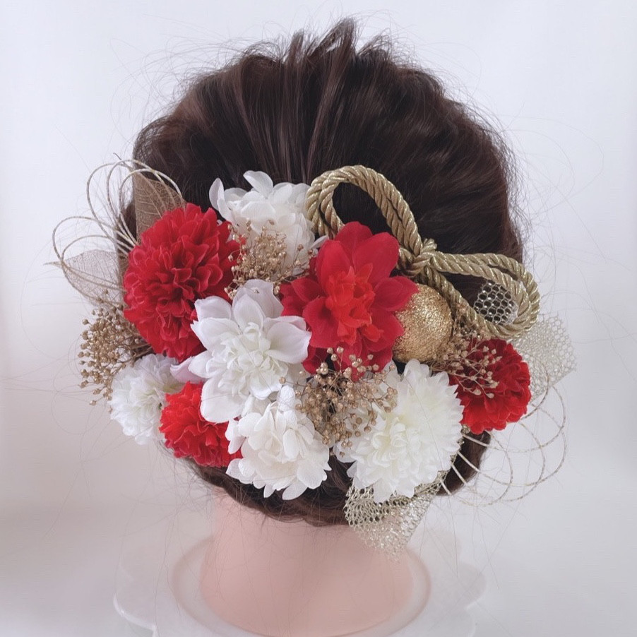 再販×1 ミニダリア 紅白 ゴールド ヘッドドレス 白無垢 和装 髪飾り 成人式 卒業式 ドライフラワー