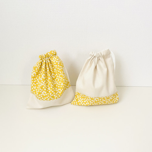 ハンドメイド　給食袋　フリル巾着　花柄　黄色　女の子 ハンドメイド 給食袋 フリル巾着 花柄 黄色 女の子