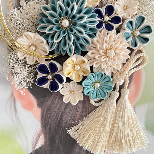 受注生産】46和装髪飾り 水色つまみ細工 青 ターコイズブルー 結婚式