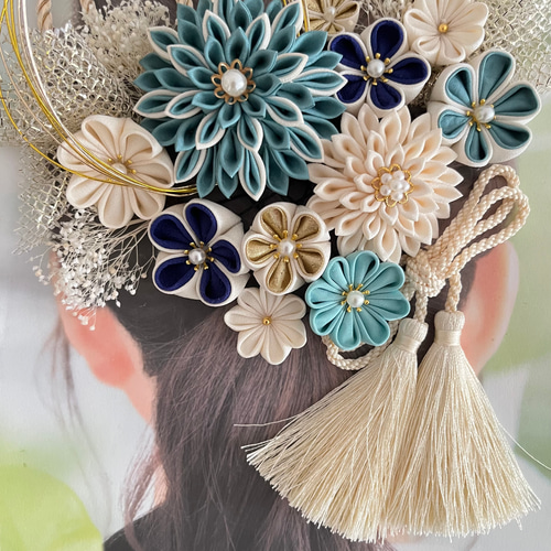 受注生産】46和装髪飾り 水色つまみ細工 青 ターコイズブルー 結婚式
