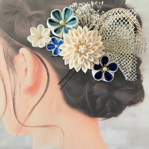 受注生産】46和装髪飾り 水色つまみ細工 青 ターコイズブルー 結婚式