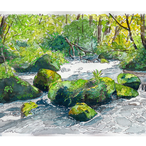 注文制作します・ 水彩画原画 富士山と七里ガ浜を走る江ノ電