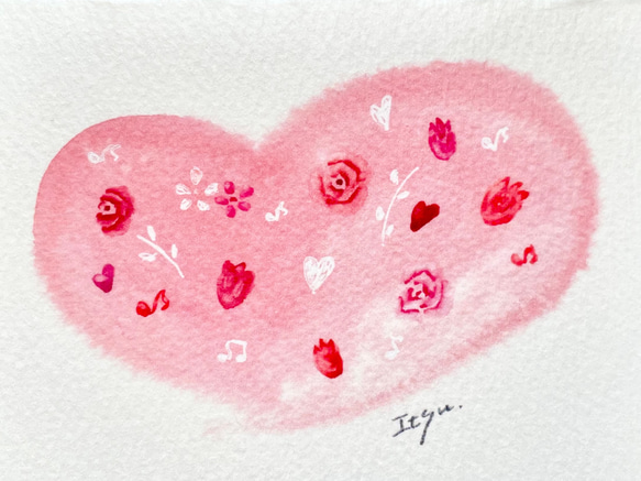 透明水彩画「ふんわりピンクハート」2枚セット　ミニカード　バレンタイン　バレンタインカード　入園入学　ウェディング　 2枚目の画像