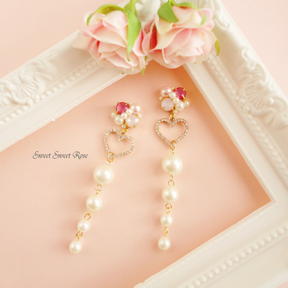 ピアスハート5連さくらんぼパールビジューチャーム赤大ぶり春