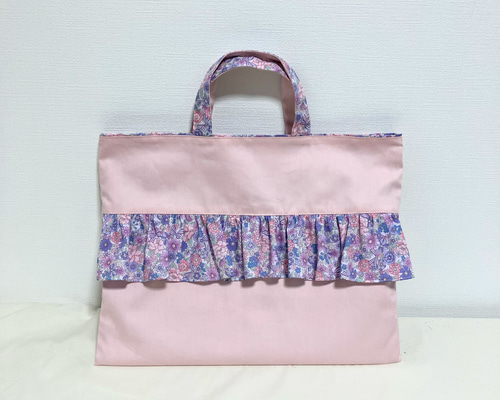 お名前刺繍可♡レッスンバッグ＊花柄フリル＊パープル×ピンク レッスン