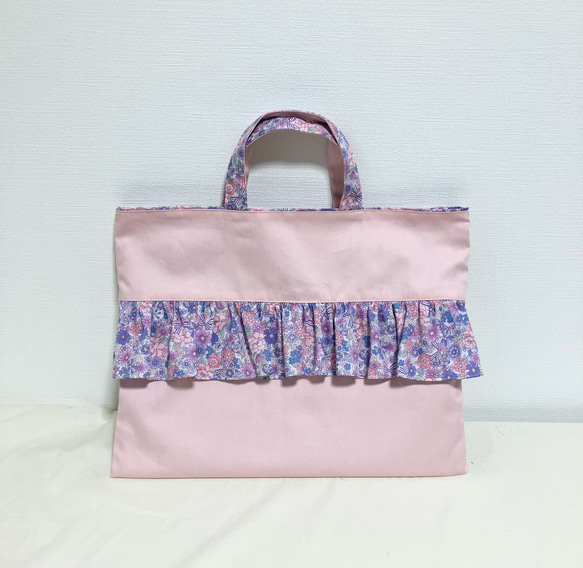 ル 年末のプロモーション レッスンバッグ＊花柄フリル＊パープル×ピンク レッスンバッグ 手提げ・レッスンバッグ・入園グッズ