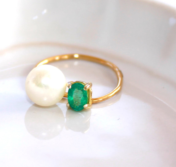 - winter forest - k18gp Akoya Pearl & Emerald Ring 2枚目の画像