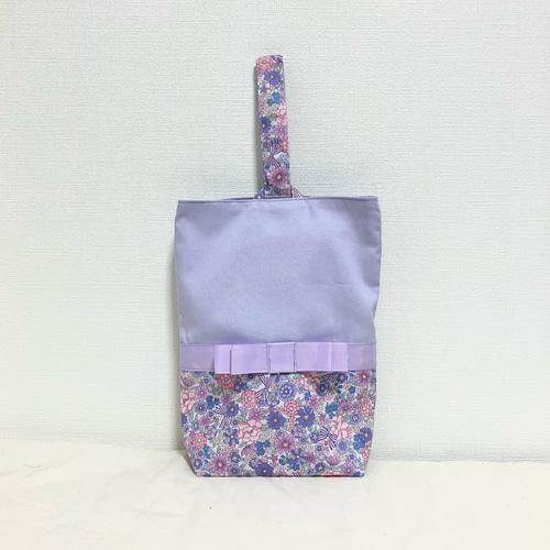 受注制作】3点セット花柄リボン 紫 レッスンバッグ 上履き入れ