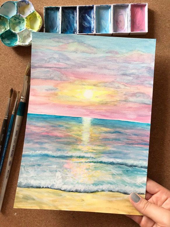 ORIGINAL PAINTING - pink sky, ocean, 原画, オリジナルアート, 海の絵 1枚目の画像