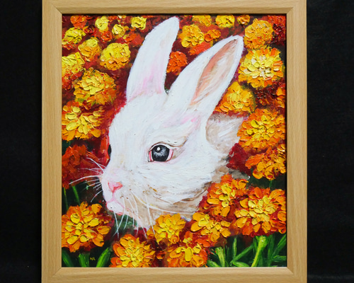 油絵 絵画【マリーゴールドのうさぎ】 f0cb28e74947d5d3fc46e274704785