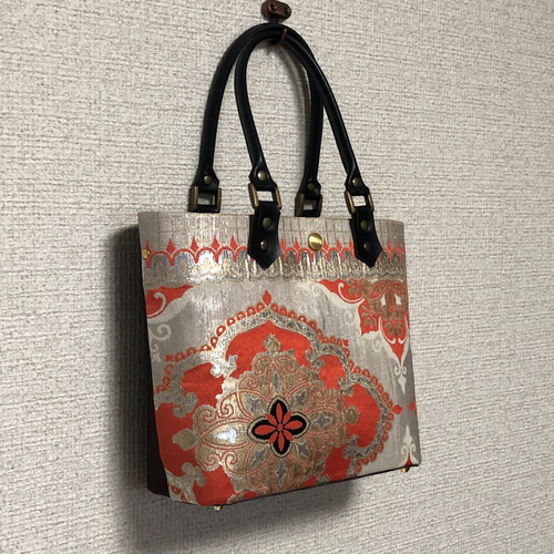 ※訳あり※【帯リメイク】古典柄☆鞠☆モノトーン☆振袖用帯☆トートバッグ 訳あり※【帯リメイク】古典柄☆鞠☆モノトーン☆振袖用帯☆