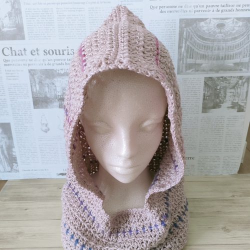 バラクラバ　ピンク　手編み　フード付きネックウォーマー　男女兼用　no.65 バラクラバ ピンク 手編み フード付きネックウォーマー 男女兼用 リブ