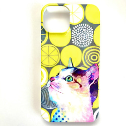猫絵「茶白猫＆レモン」 ハードスマホケース　iPhone 2枚目の画像