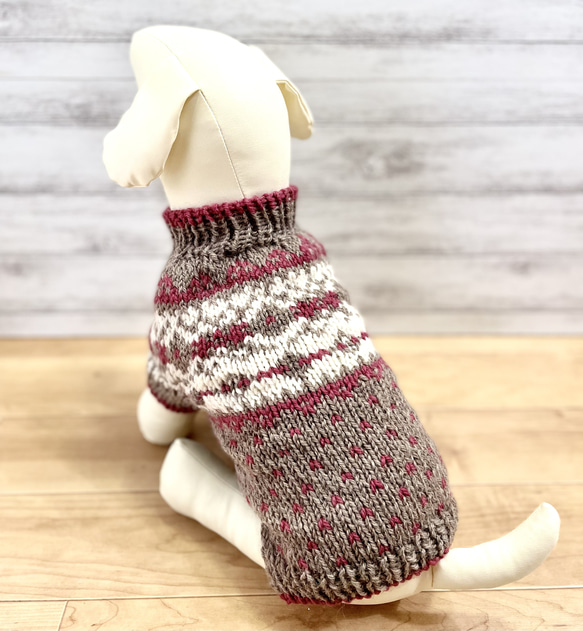 小型犬用手編みセーター★グレイブラウン＋ローズ★ロピ風★ペットセーター★犬のセーター★犬服 2枚目の画像