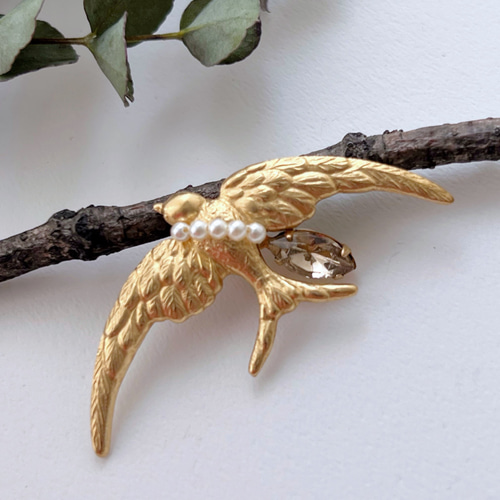 espoir 】幸せを運ぶ真鍮つばめブローチ/真鍮/ヴィンテージ/パール