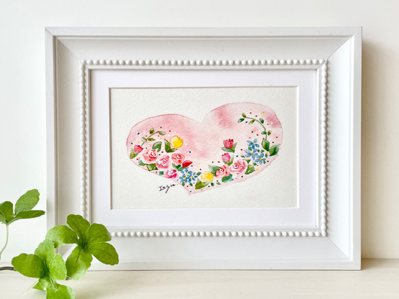 透明水彩画「フラワーハートピンク」A4ポスター ナチュラルインテリア