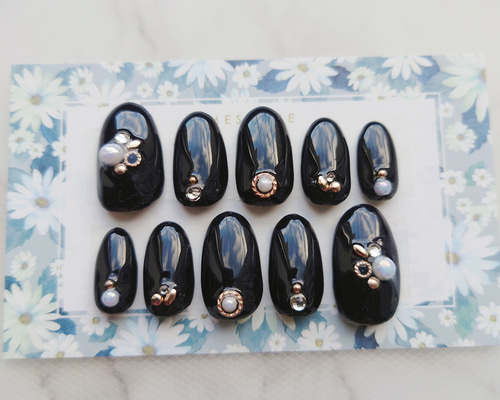 【オーダー】ネイルチップ　ストーン　リボン　ブラック ネイルチップ つけ爪 黒 ブラック ストーン ジェルネイル ネイルチップ
