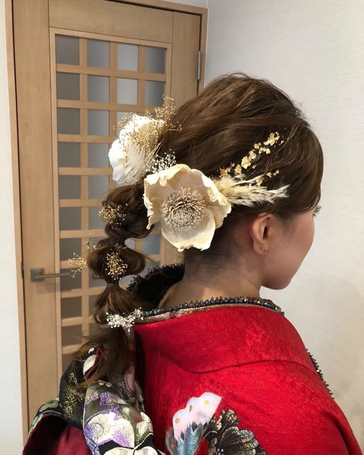 和装ヘッドドレス★シンプルゴージャス系★ 結婚式、成人式、前撮り❤︎ソーラーフラワーとゴールドのかすみ草❤︎