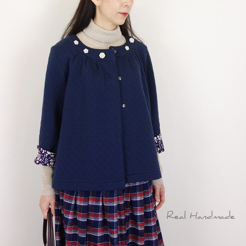 [予約販売] キルトニットネイビーヨーク切替ジュエリーボタンジャケット**セットアップにもなります