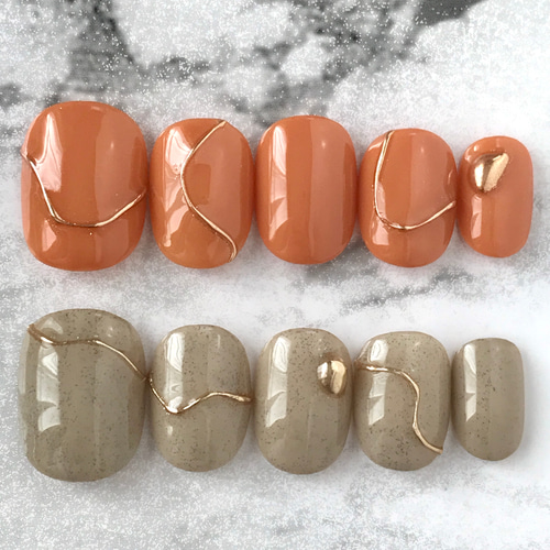 オレンジとグレー サンドネイル ネイルチップ ニュアンスネイル 韓国  