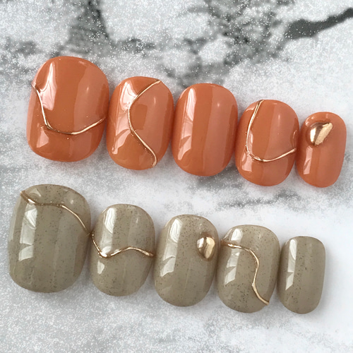 オレンジとグレー サンドネイル ネイルチップ ニュアンスネイル 韓国  