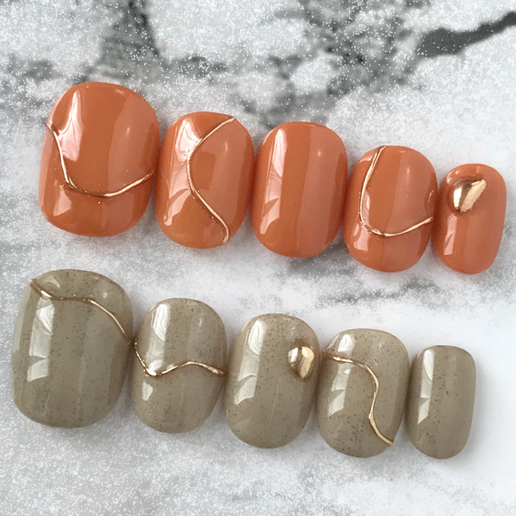 オレンジとグレー サンドネイル ネイルチップ ニュアンスネイル 韓国