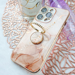 優しいピンク×ブラウン 大理石風iPhoneケース&スマホリングセット アルコールインクアート　春色 くすみピンク 2枚目の画像