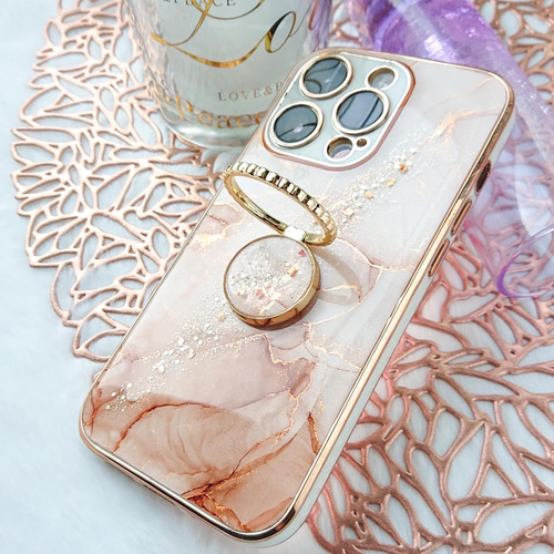 優しいピンク×ブラウン 大理石風iPhoneケース アルコールインクアート