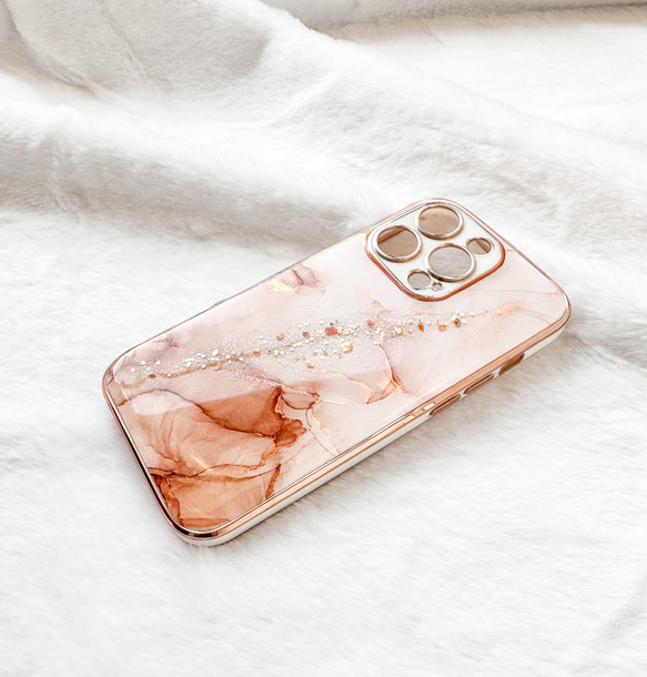 優しいピンク×ブラウン 大理石風iPhoneケース&スマホリングセット アルコールインクアート　春色 くすみピンク 6枚目の画像