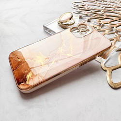 優しいピンク×ブラウン 大理石風iPhoneケース&スマホリングセット アルコールインクアート　春色 くすみピンク 7枚目の画像