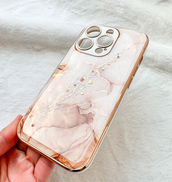 優しいピンク×ブラウン 大理石風iPhoneケース&スマホリングセット アルコールインクアート　春色 くすみピンク 5枚目の画像